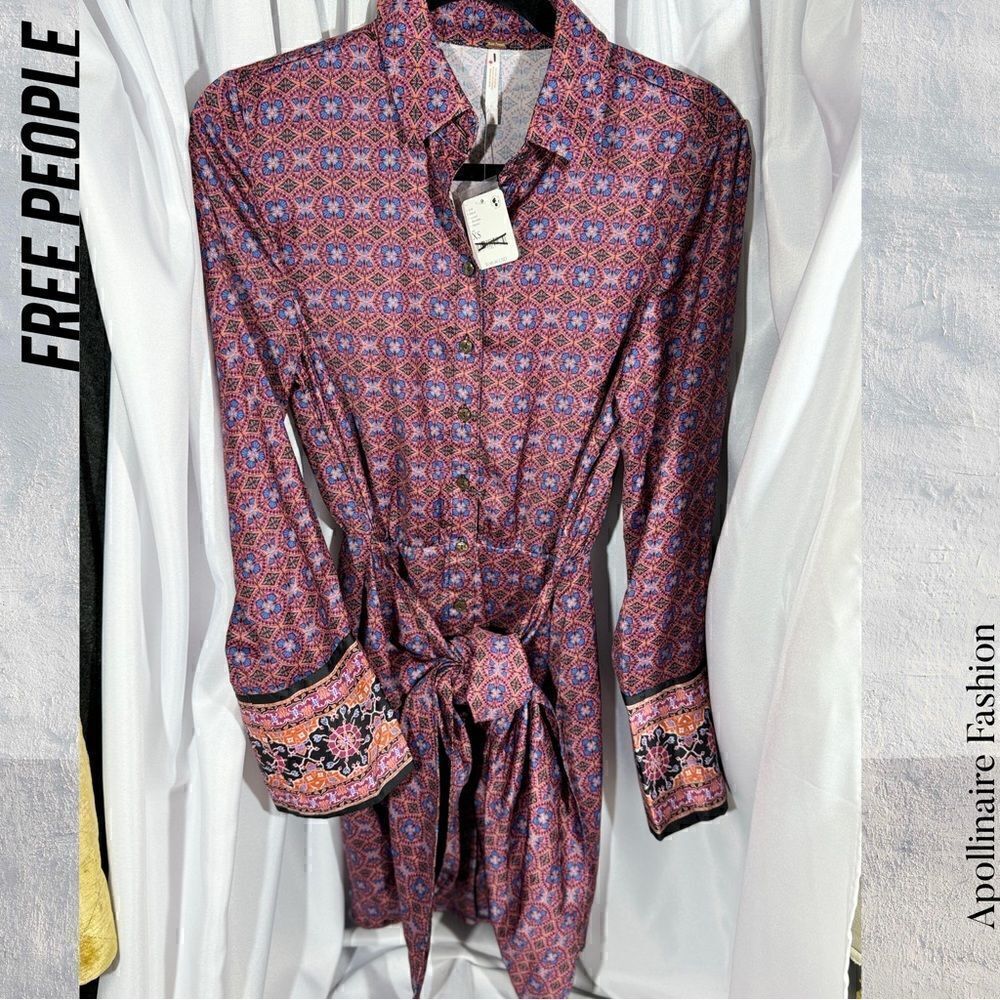 FREE PEOPLE SILKY RILLO SHIRTDRESS PLUM PURPLE COMBO NWT XS - Picture 3 of 6